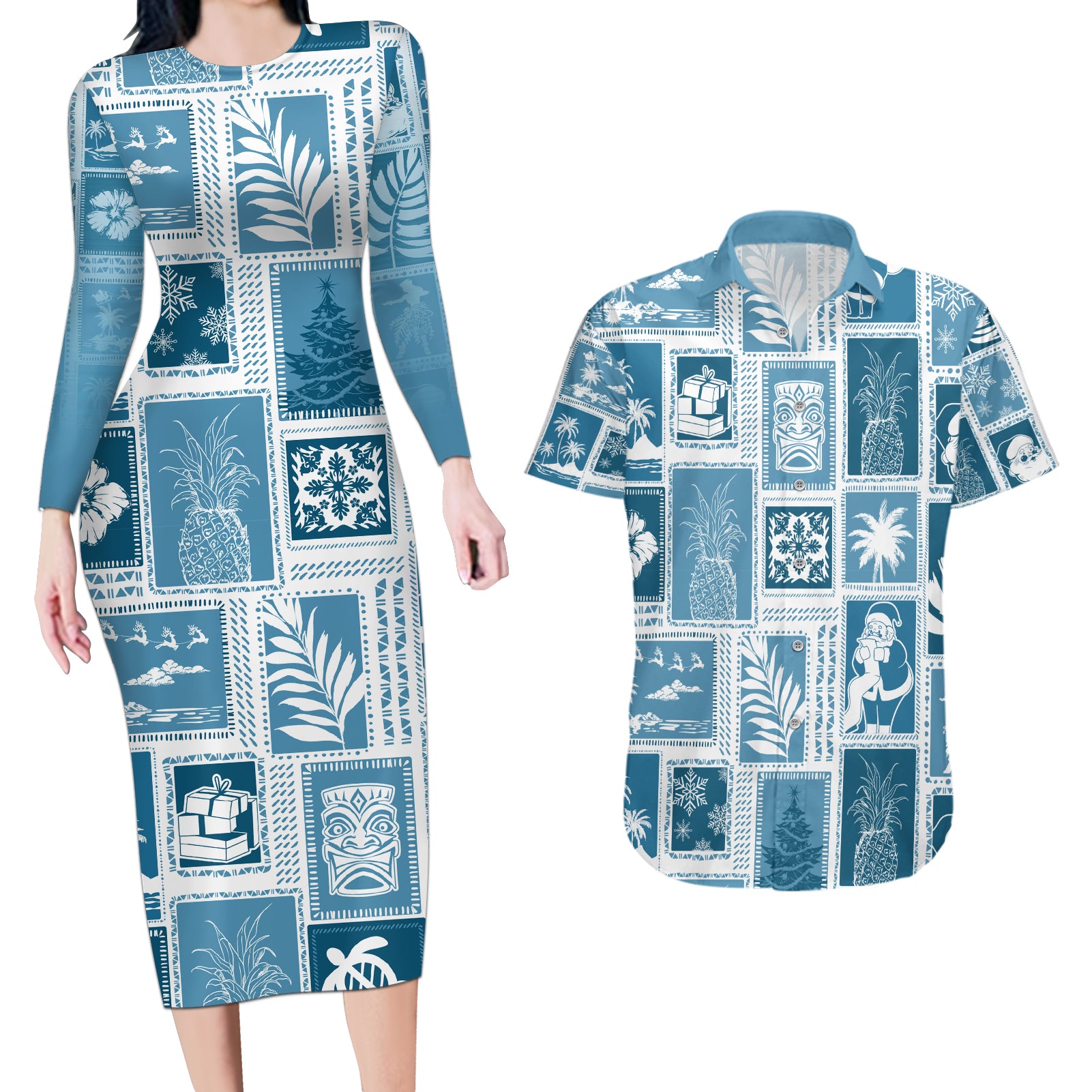 Hawaii Christmas Retro Patchwork Couples Matching Long Sleeve Bodycon Dress and Hawaiian Shirt Aquamarine LT7 Aquamarine - Polynesian Pride