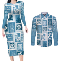 Hawaii Christmas Retro Patchwork Couples Matching Long Sleeve Bodycon Dress and Long Sleeve Button Shirt Aquamarine LT7 Aquamarine - Polynesian Pride