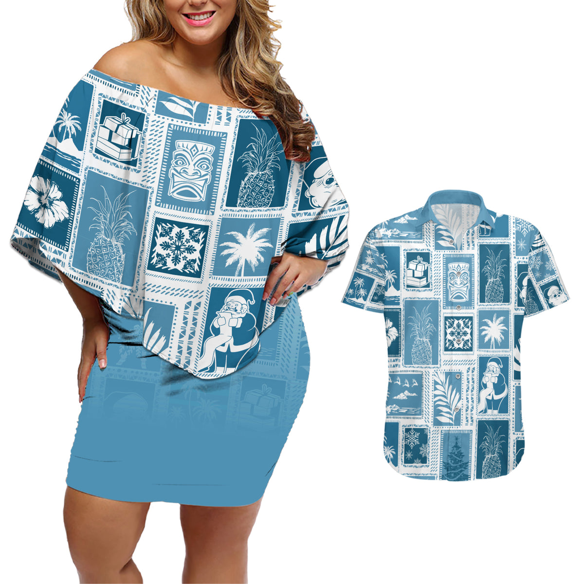Hawaii Christmas Retro Patchwork Couples Matching Off Shoulder Short Dress and Hawaiian Shirt Aquamarine LT7 Aquamarine - Polynesian Pride