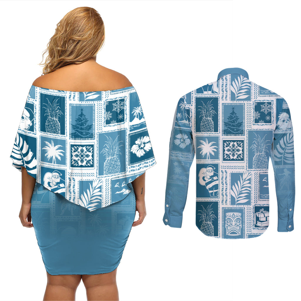 Hawaii Christmas Retro Patchwork Couples Matching Off Shoulder Short Dress and Long Sleeve Button Shirt Aquamarine LT7 - Polynesian Pride