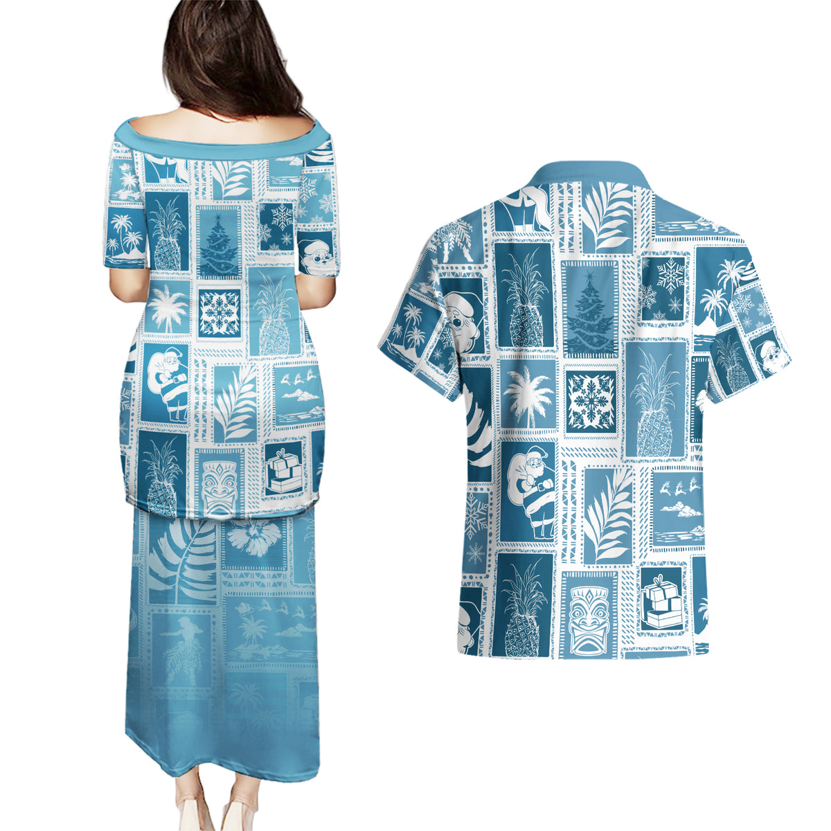 Hawaii Christmas Retro Patchwork Couples Matching Puletasi Dress and Hawaiian Shirt Aquamarine LT7 - Polynesian Pride