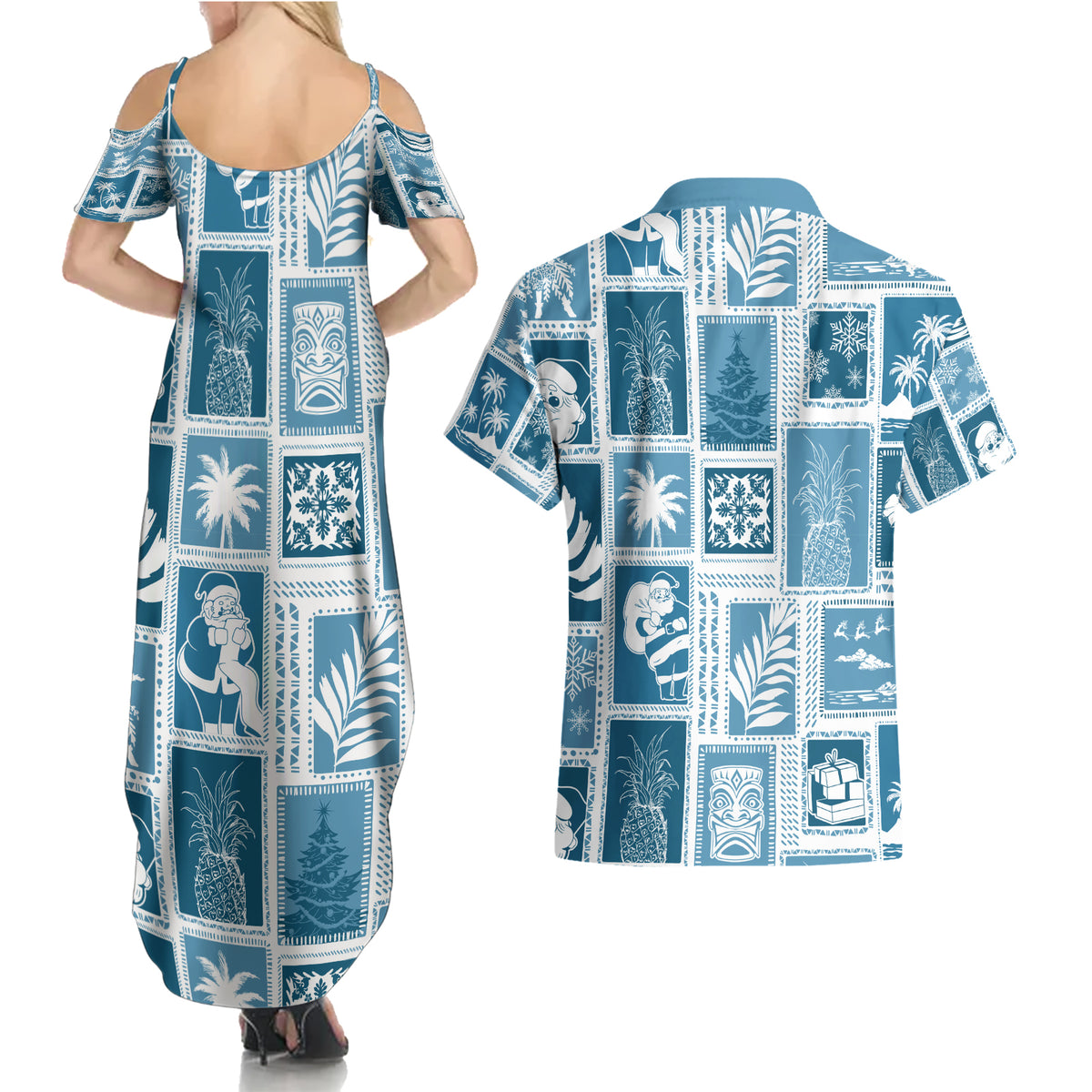 Hawaii Christmas Retro Patchwork Couples Matching Summer Maxi Dress and Hawaiian Shirt Aquamarine LT7 - Polynesian Pride