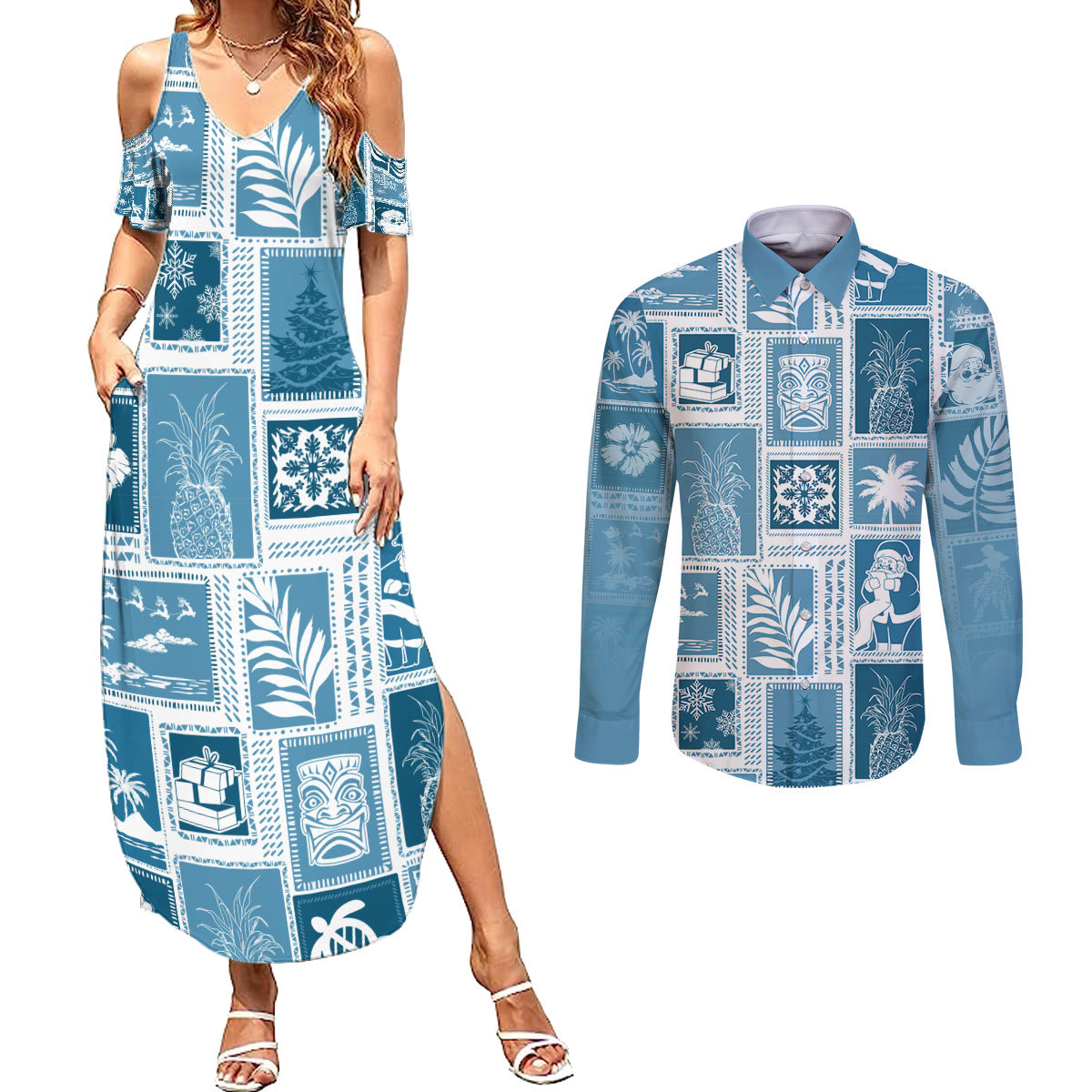 Hawaii Christmas Retro Patchwork Couples Matching Summer Maxi Dress and Long Sleeve Button Shirt Aquamarine LT7 Aquamarine - Polynesian Pride