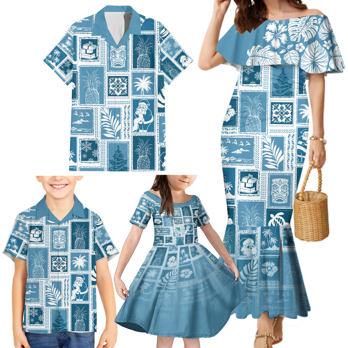 Hawaii Christmas Retro Patchwork Family Matching Mermaid Dress and Hawaiian Shirt Aquamarine LT7 - Polynesian Pride