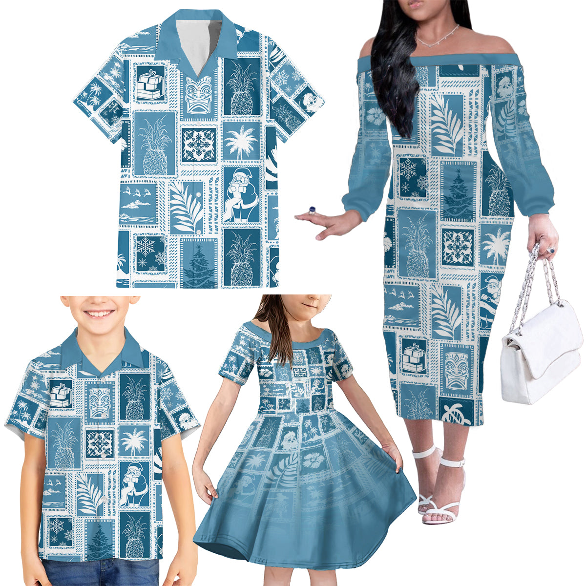 Hawaii Christmas Retro Patchwork Family Matching Off Shoulder Long Sleeve Dress and Hawaiian Shirt Aquamarine LT7 - Polynesian Pride