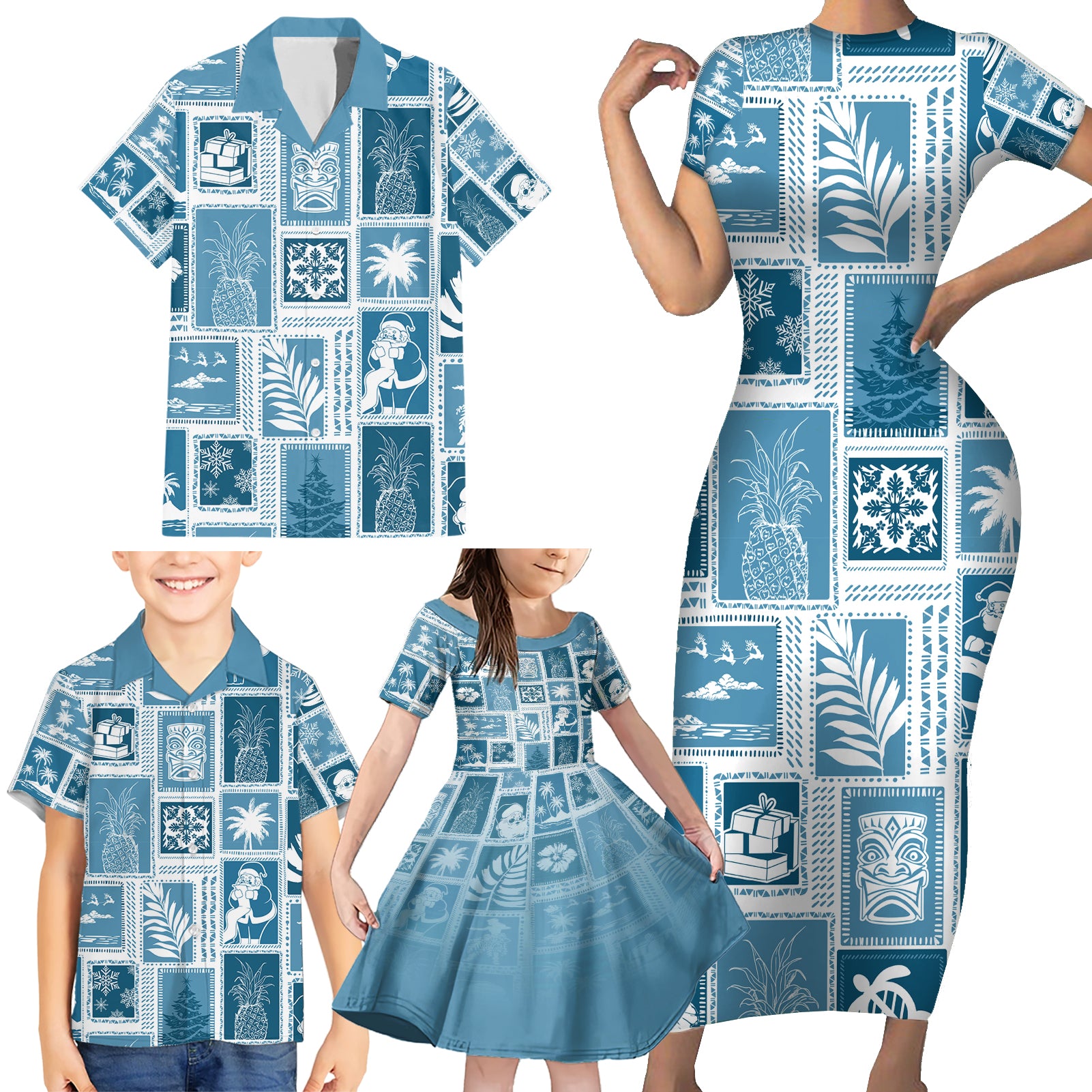 Hawaii Christmas Retro Patchwork Family Matching Short Sleeve Bodycon Dress and Hawaiian Shirt Aquamarine LT7 - Polynesian Pride