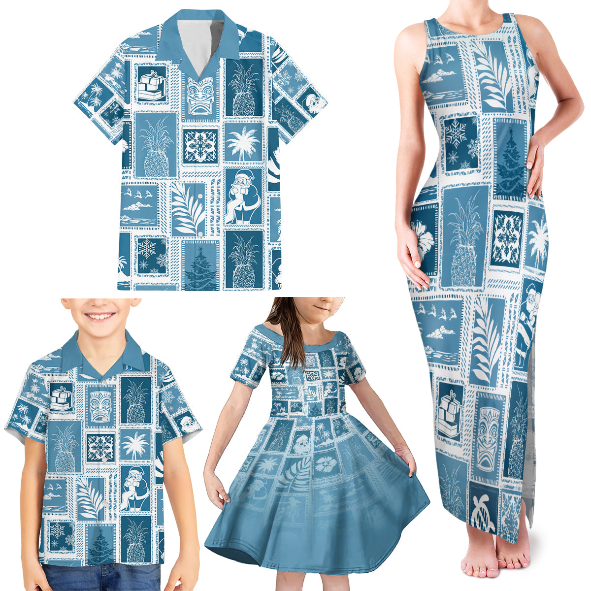 Hawaii Christmas Retro Patchwork Family Matching Tank Maxi Dress and Hawaiian Shirt Aquamarine LT7 - Polynesian Pride