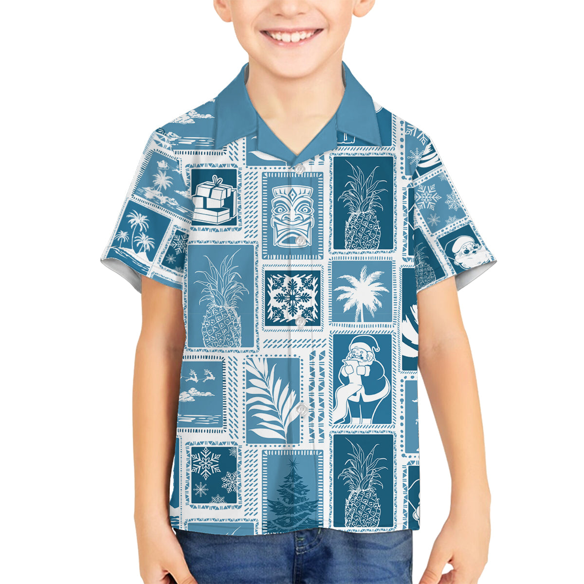 Hawaii Christmas Retro Patchwork Family Matching Tank Maxi Dress and Hawaiian Shirt Aquamarine LT7 Son's Shirt Aquamarine - Polynesian Pride
