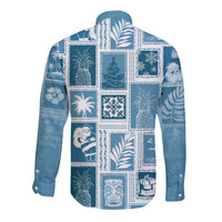 Hawaii Christmas Retro Patchwork Long Sleeve Button Shirt Aquamarine LT7 - Polynesian Pride