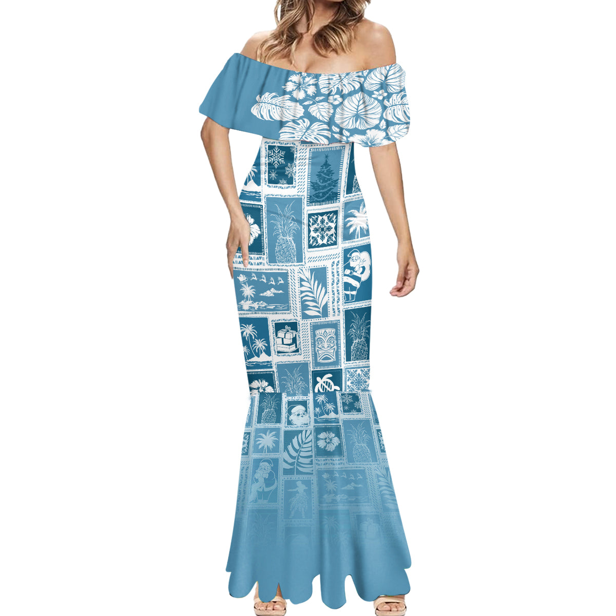 Hawaii Christmas Retro Patchwork Mermaid Dress Aquamarine LT7 - Polynesian Pride