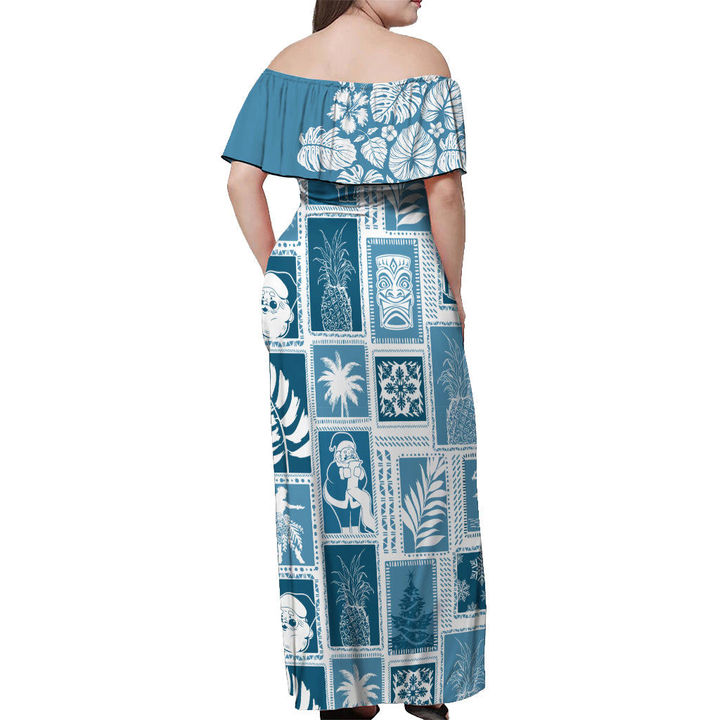 Hawaii Christmas Retro Patchwork Off Shoulder Maxi Dress Aquamarine LT7 - Polynesian Pride