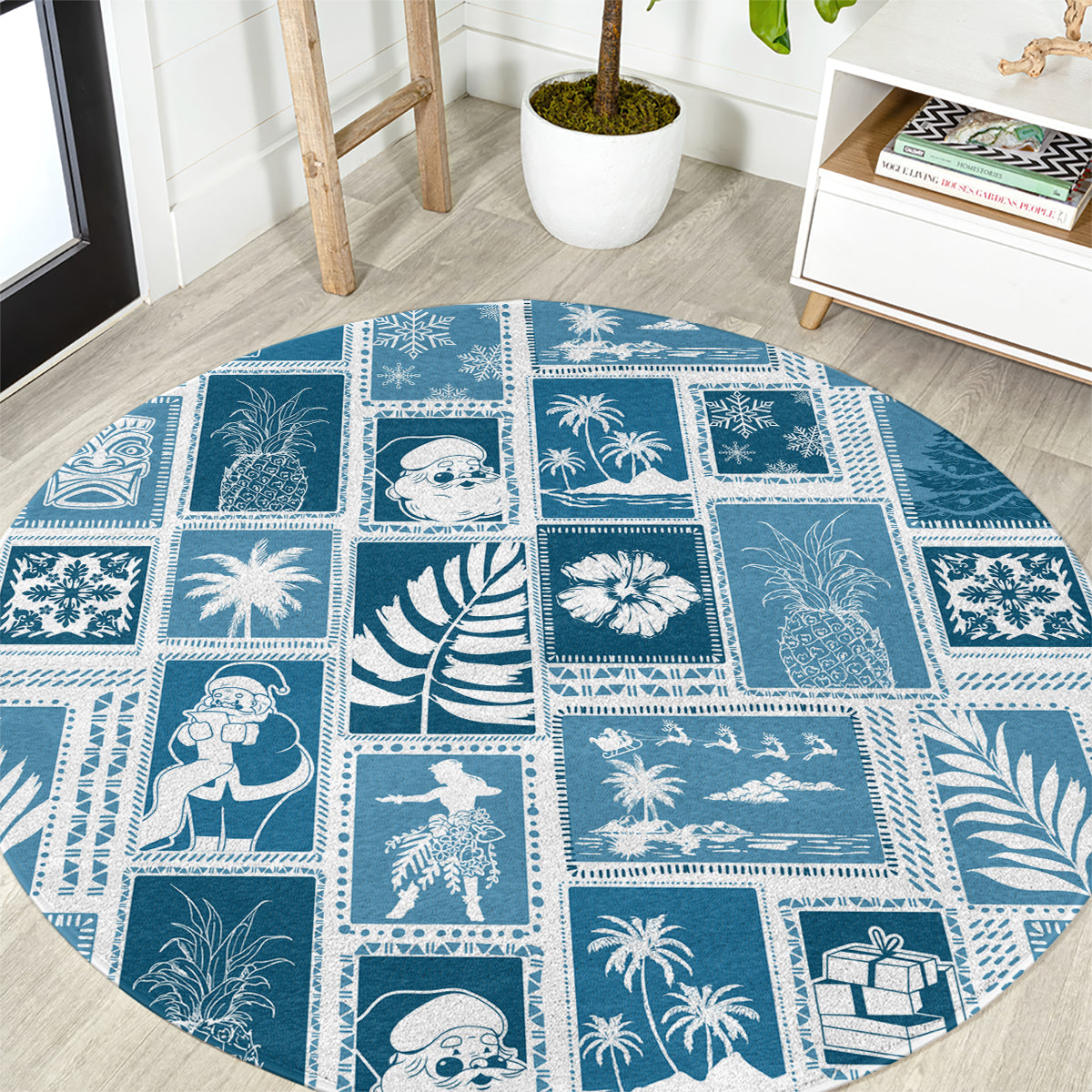 Hawaii Christmas Retro Patchwork Round Carpet Aquamarine LT7 Aquamarine - Polynesian Pride