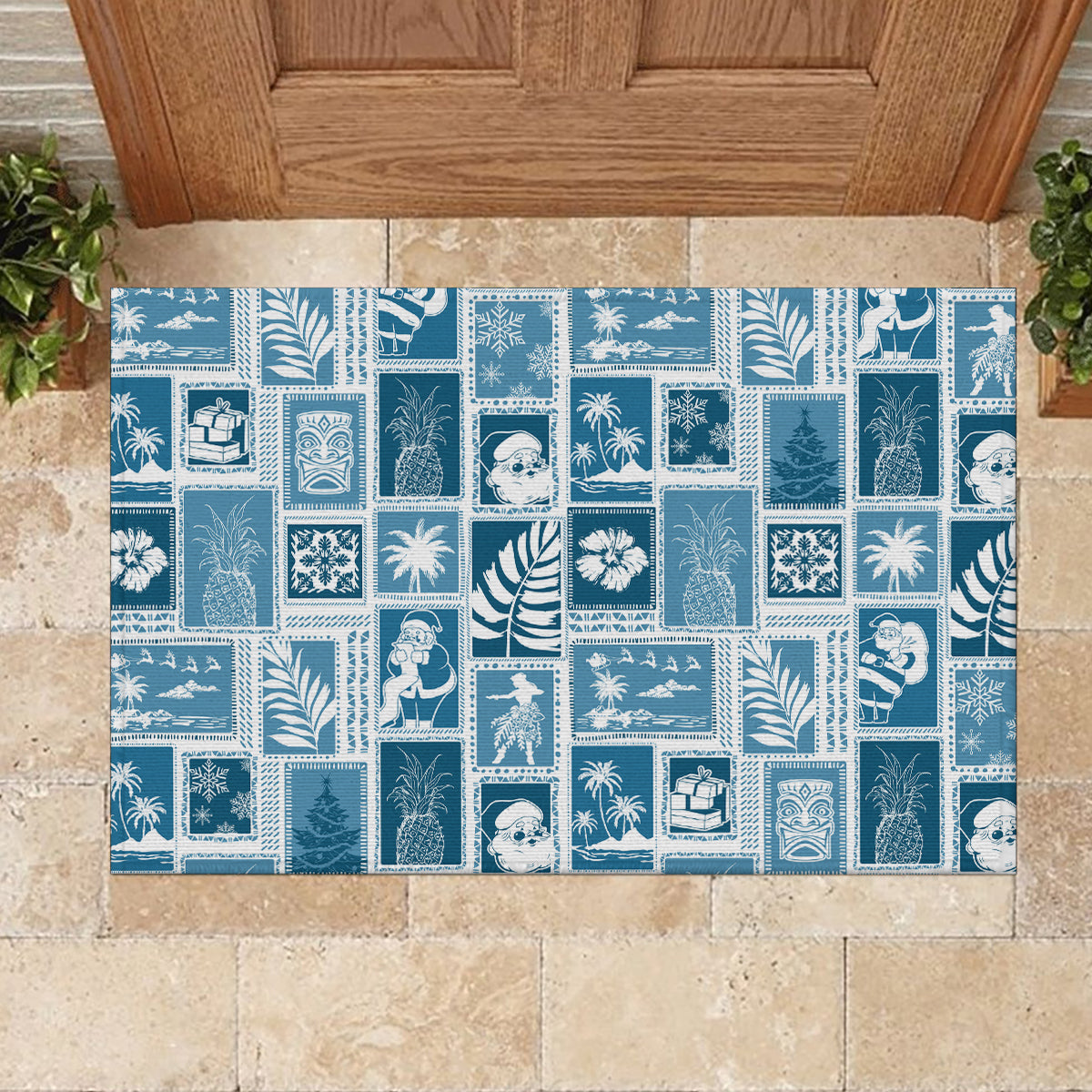 Hawaii Christmas Retro Patchwork Rubber Doormat Aquamarine LT7 - Polynesian Pride