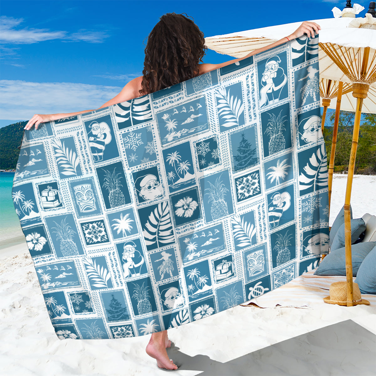 Hawaii Christmas Retro Patchwork Sarong Aquamarine LT7 One Size 44 x 66 inches Aquamarine - Polynesian Pride