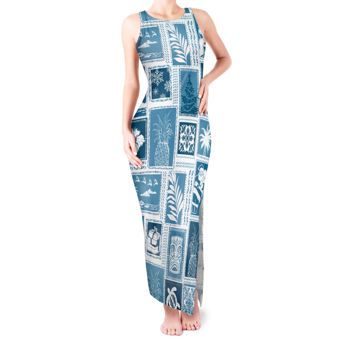 Hawaii Christmas Retro Patchwork Tank Maxi Dress Aquamarine LT7 Women Aquamarine - Polynesian Pride