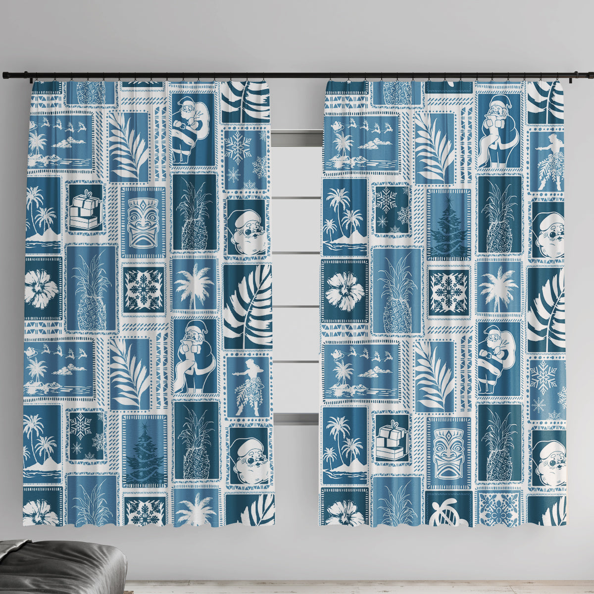 Hawaii Christmas Retro Patchwork Window Curtain Aquamarine LT7 With Hooks Aquamarine - Polynesian Pride