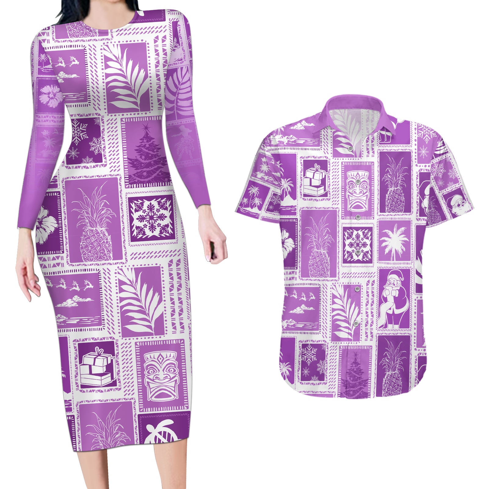 Hawaii Christmas Retro Patchwork Couples Matching Long Sleeve Bodycon Dress and Hawaiian Shirt Violet LT7 Violet - Polynesian Pride