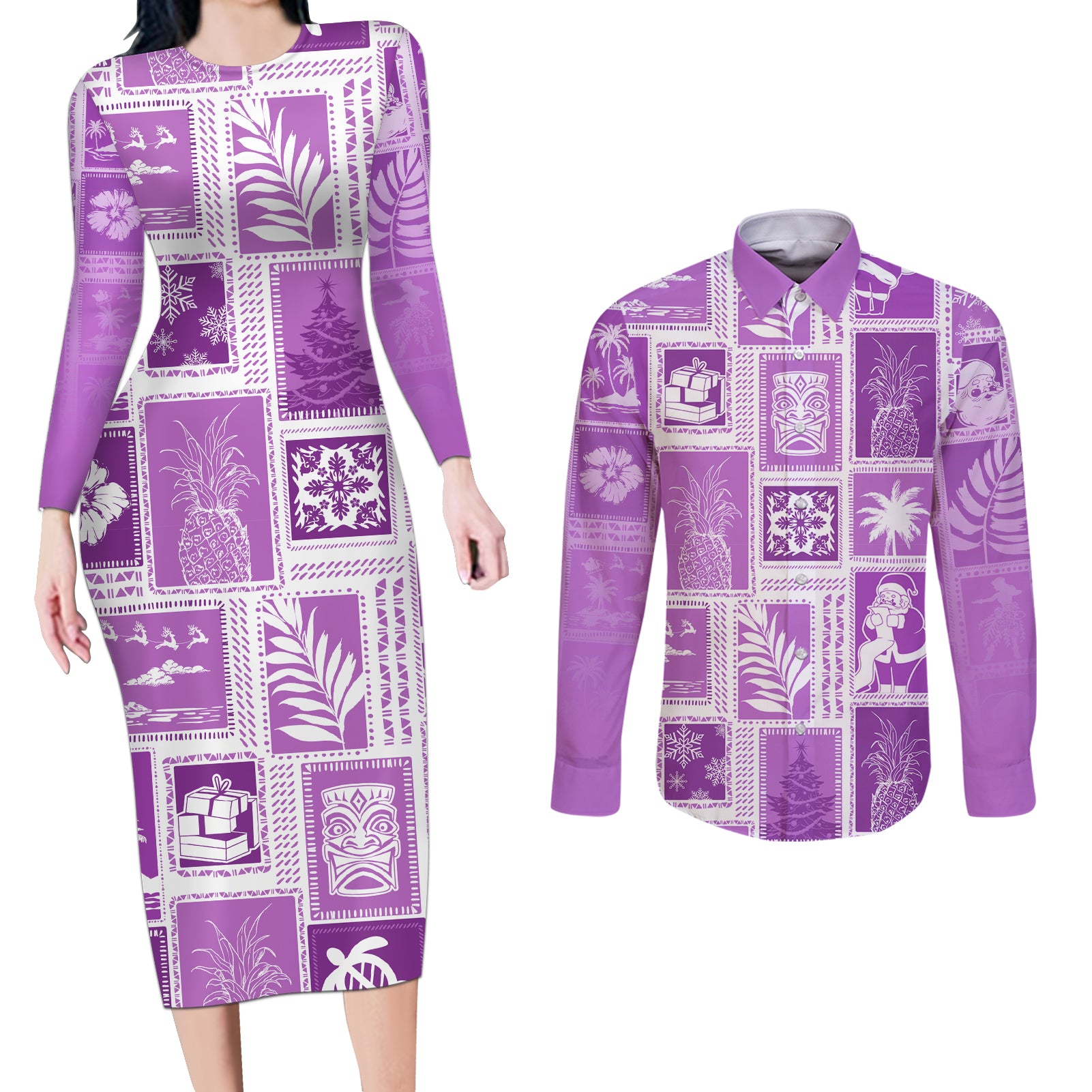Hawaii Christmas Retro Patchwork Couples Matching Long Sleeve Bodycon Dress and Long Sleeve Button Shirt Violet LT7 Violet - Polynesian Pride