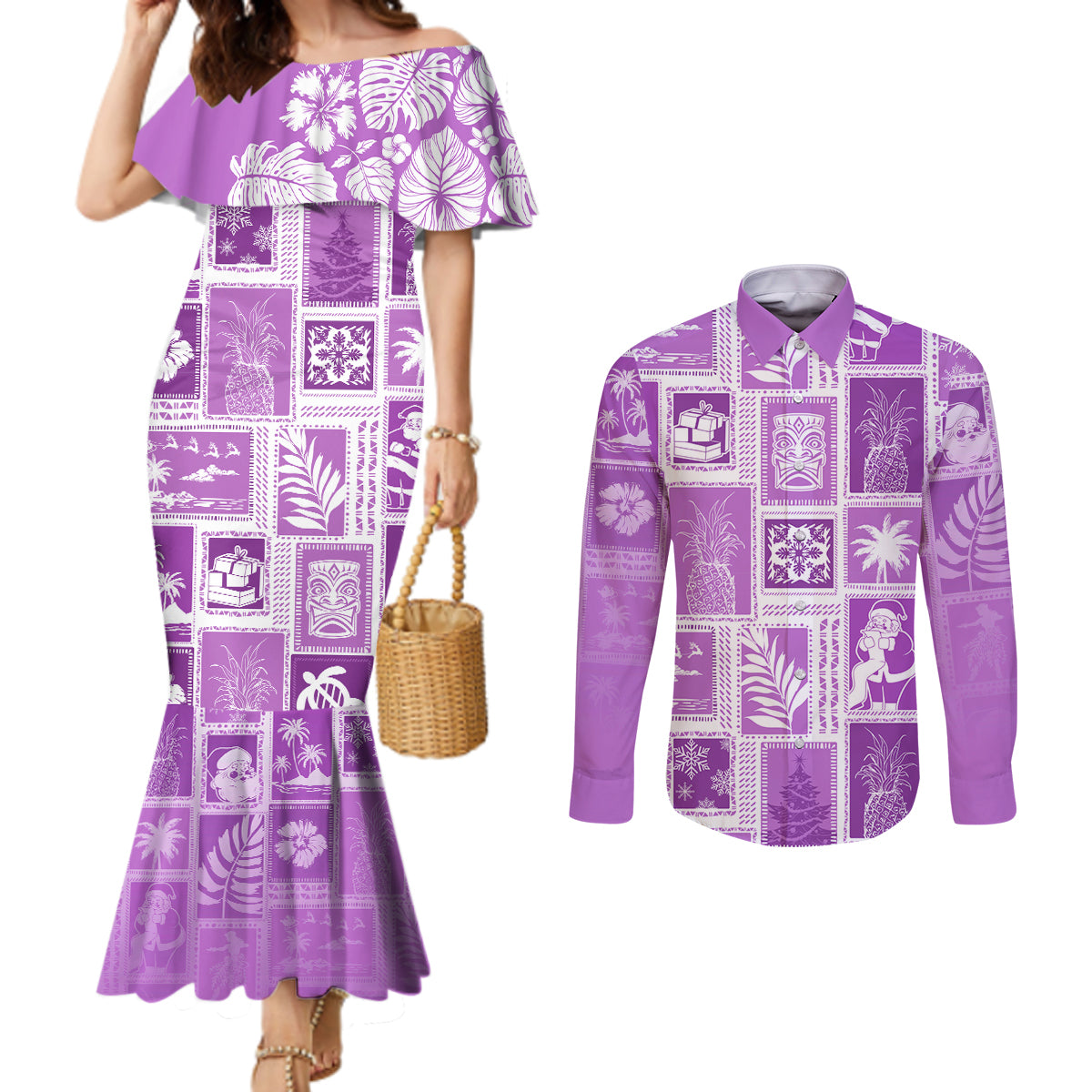 Hawaii Christmas Retro Patchwork Couples Matching Mermaid Dress and Long Sleeve Button Shirt Violet LT7 Violet - Polynesian Pride