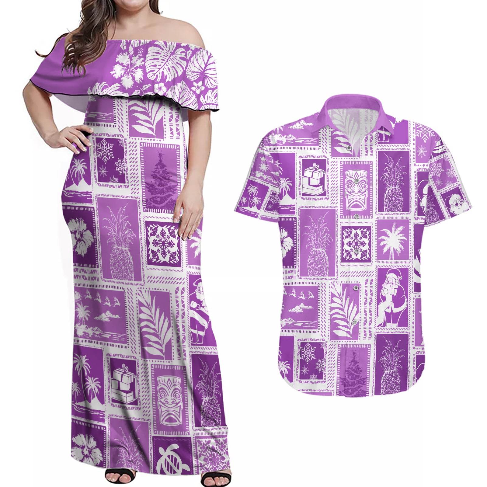 Hawaii Christmas Retro Patchwork Couples Matching Off Shoulder Maxi Dress and Hawaiian Shirt Violet LT7 Violet - Polynesian Pride