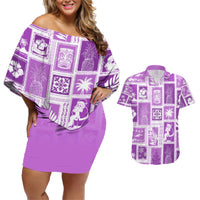 Hawaii Christmas Retro Patchwork Couples Matching Off Shoulder Short Dress and Hawaiian Shirt Violet LT7 Violet - Polynesian Pride