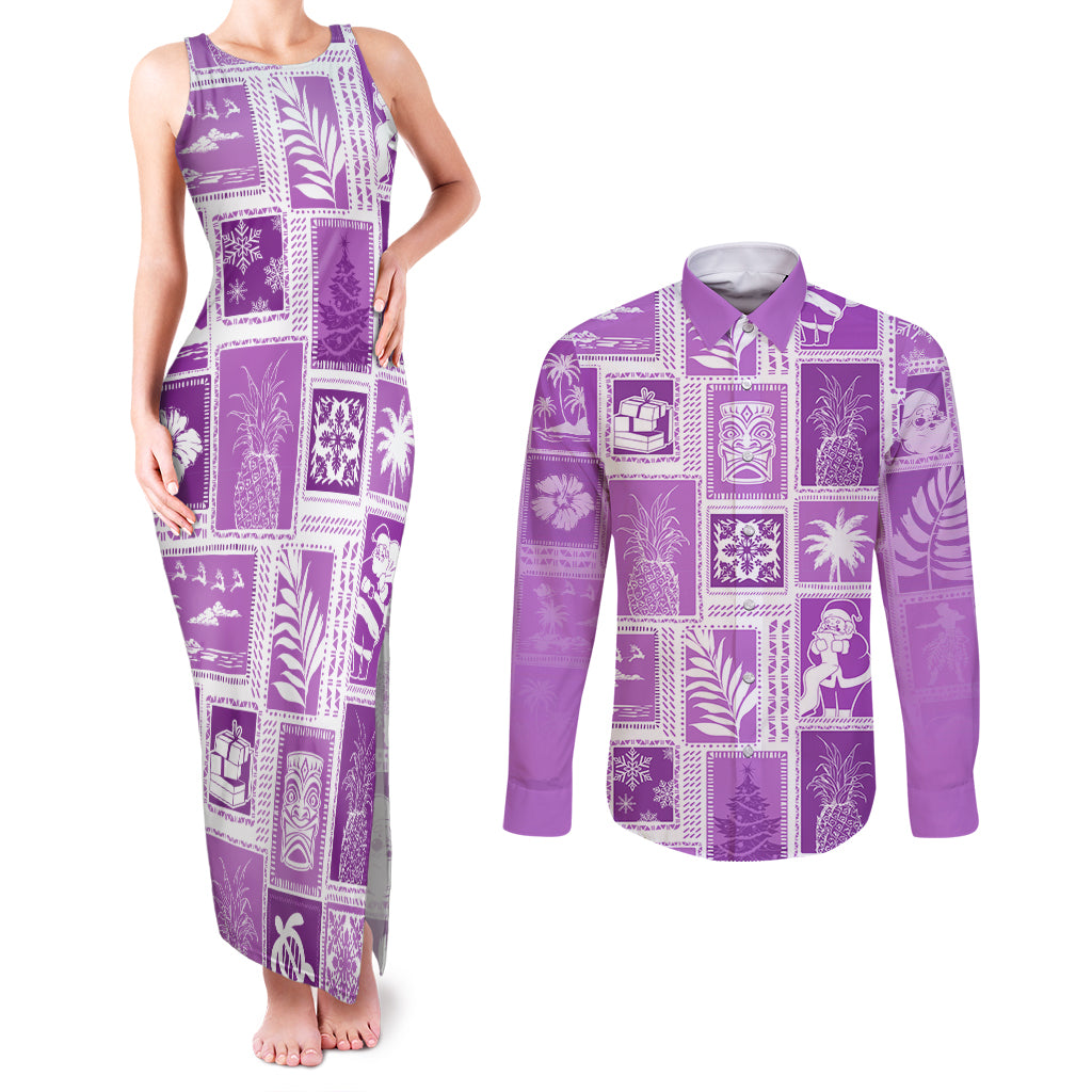 Hawaii Christmas Retro Patchwork Couples Matching Tank Maxi Dress and Long Sleeve Button Shirt Violet LT7 Violet - Polynesian Pride
