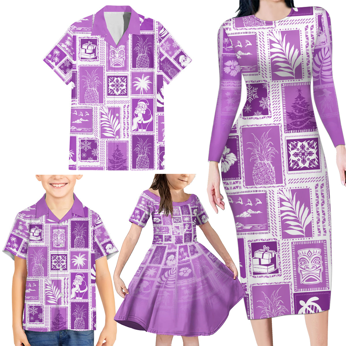 Hawaii Christmas Retro Patchwork Family Matching Long Sleeve Bodycon Dress and Hawaiian Shirt Violet LT7 - Polynesian Pride