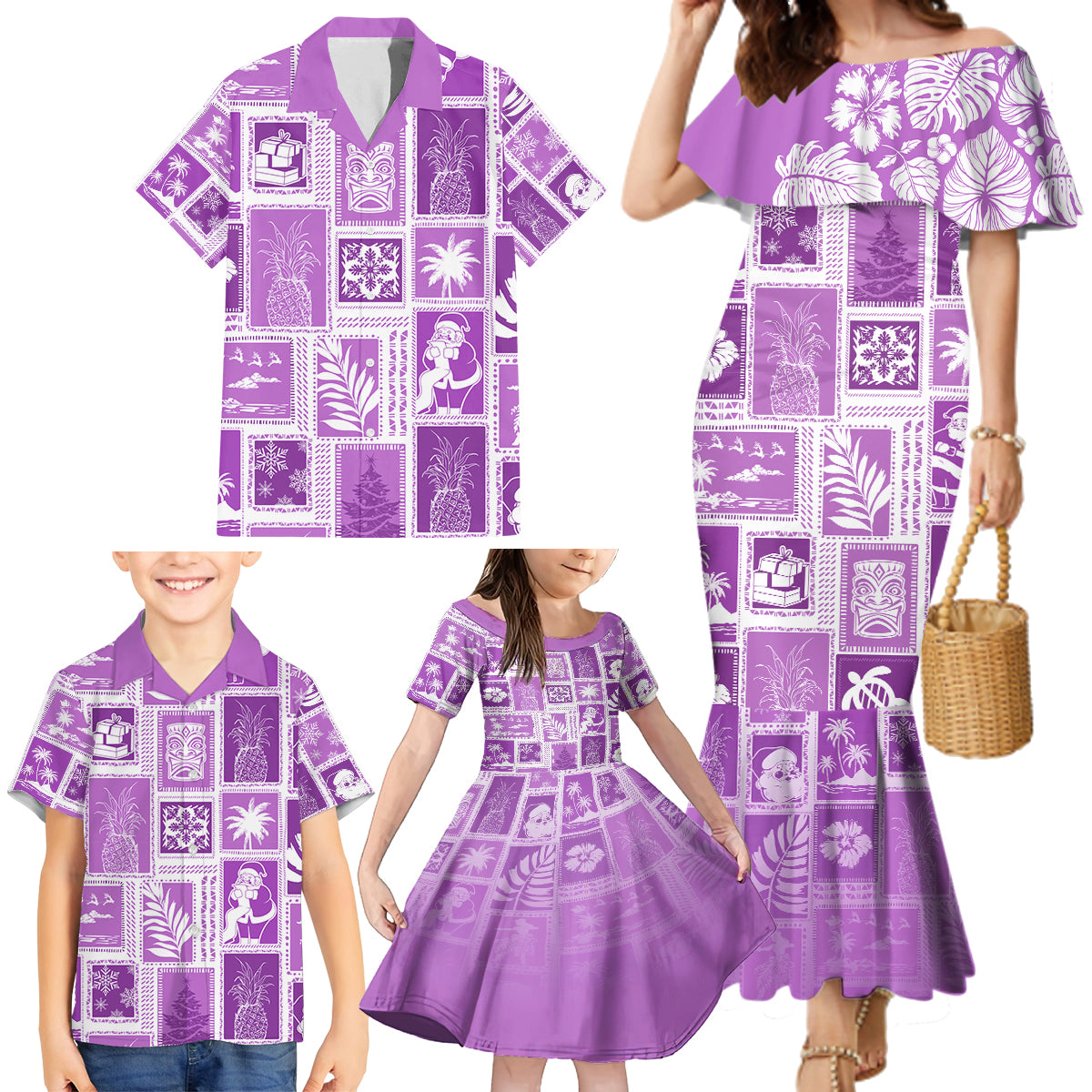 Hawaii Christmas Retro Patchwork Family Matching Mermaid Dress and Hawaiian Shirt Violet LT7 - Polynesian Pride