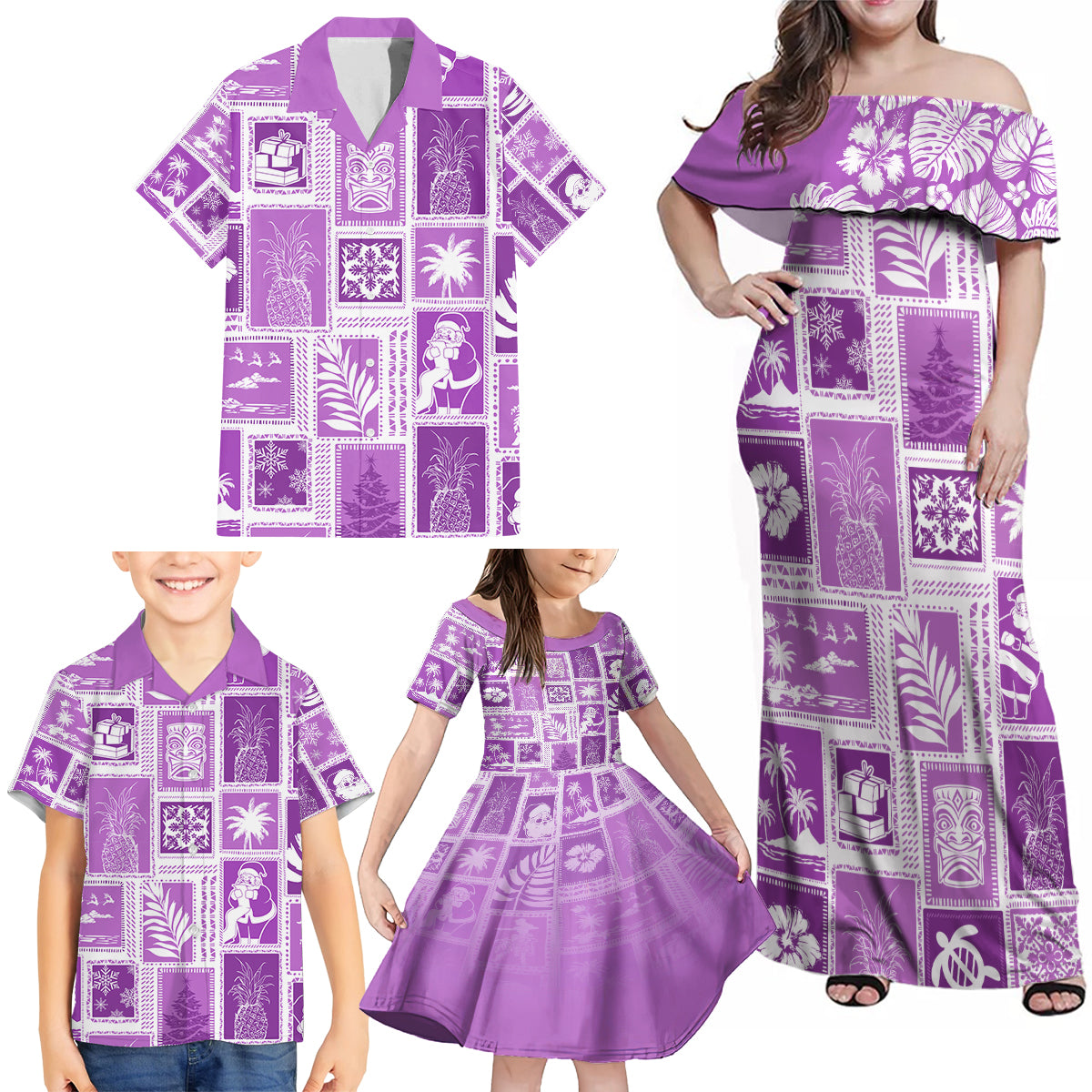 Hawaii Christmas Retro Patchwork Family Matching Off Shoulder Maxi Dress and Hawaiian Shirt Violet LT7 - Polynesian Pride