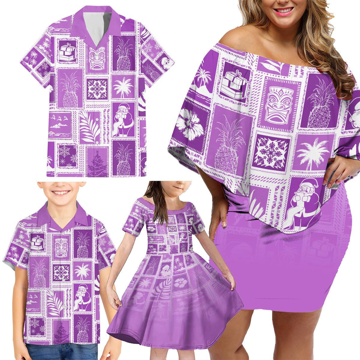 Hawaii Christmas Retro Patchwork Family Matching Off Shoulder Short Dress and Hawaiian Shirt Violet LT7 - Polynesian Pride