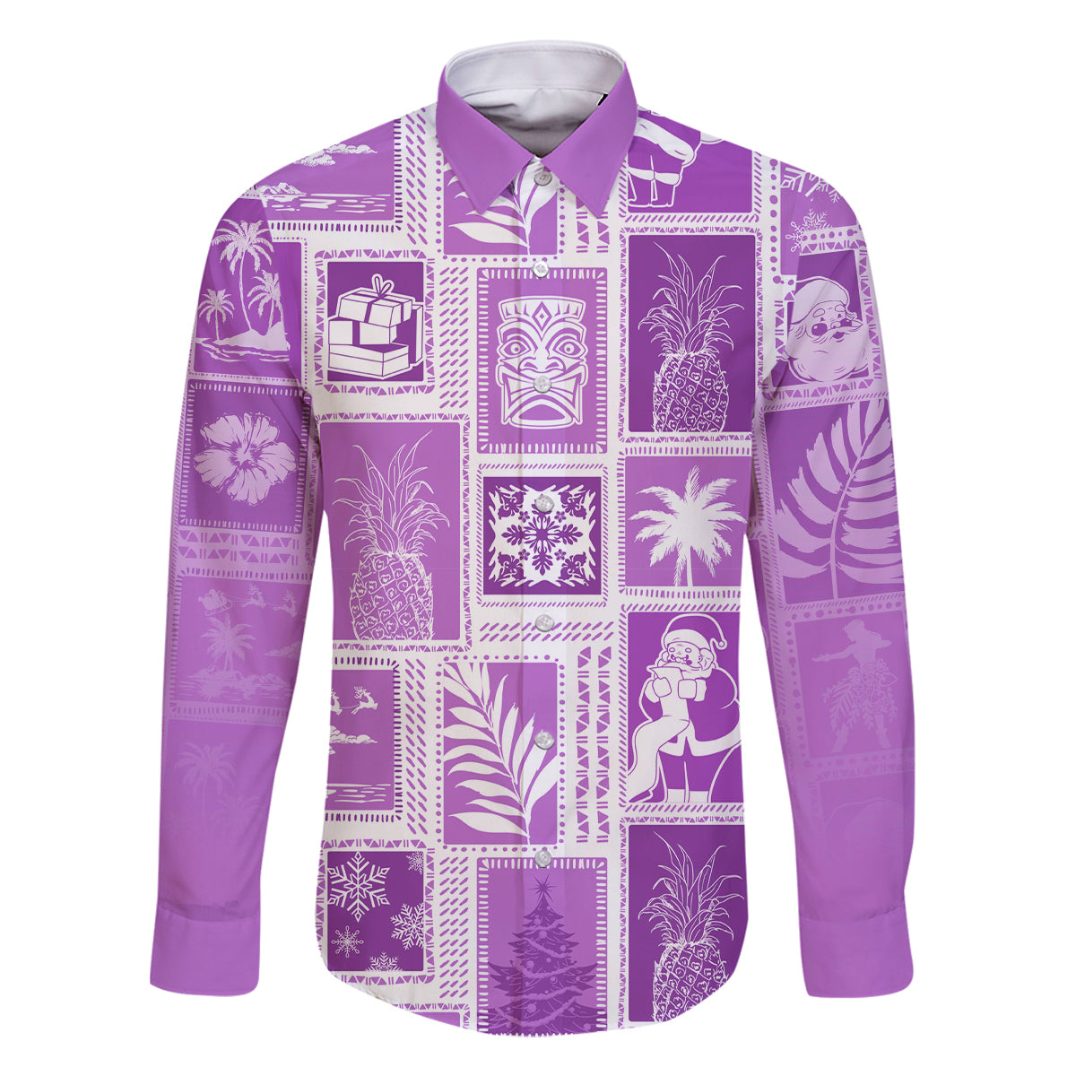 Hawaii Christmas Retro Patchwork Family Matching Off Shoulder Short Dress and Hawaiian Shirt Violet LT7 Dad's Shirt - Long Sleeve Violet - Polynesian Pride