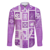 Hawaii Christmas Retro Patchwork Family Matching Off Shoulder Short Dress and Hawaiian Shirt Violet LT7 Dad's Shirt - Long Sleeve Violet - Polynesian Pride