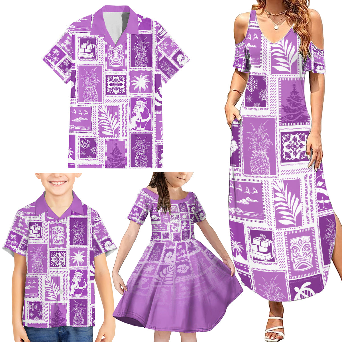 Hawaii Christmas Retro Patchwork Family Matching Summer Maxi Dress and Hawaiian Shirt Violet LT7 - Polynesian Pride