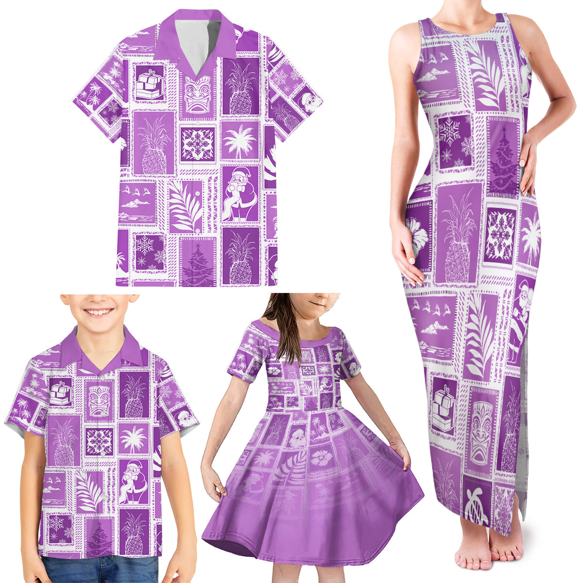 Hawaii Christmas Retro Patchwork Family Matching Tank Maxi Dress and Hawaiian Shirt Violet LT7 - Polynesian Pride