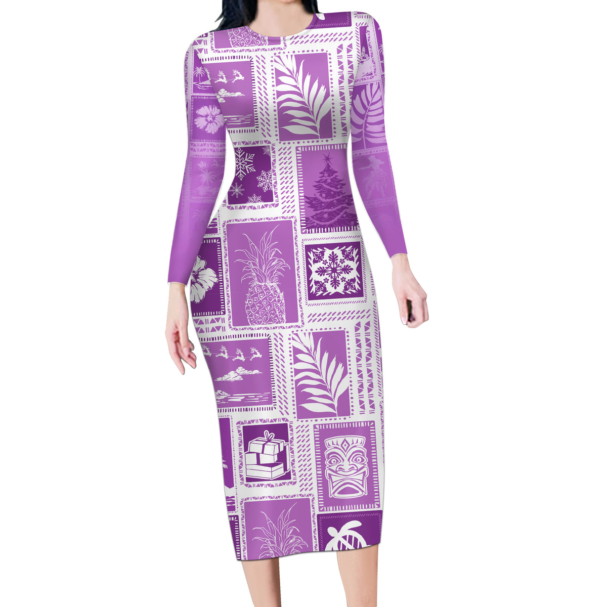 Hawaii Christmas Retro Patchwork Long Sleeve Bodycon Dress Violet LT7 Long Dress Violet - Polynesian Pride