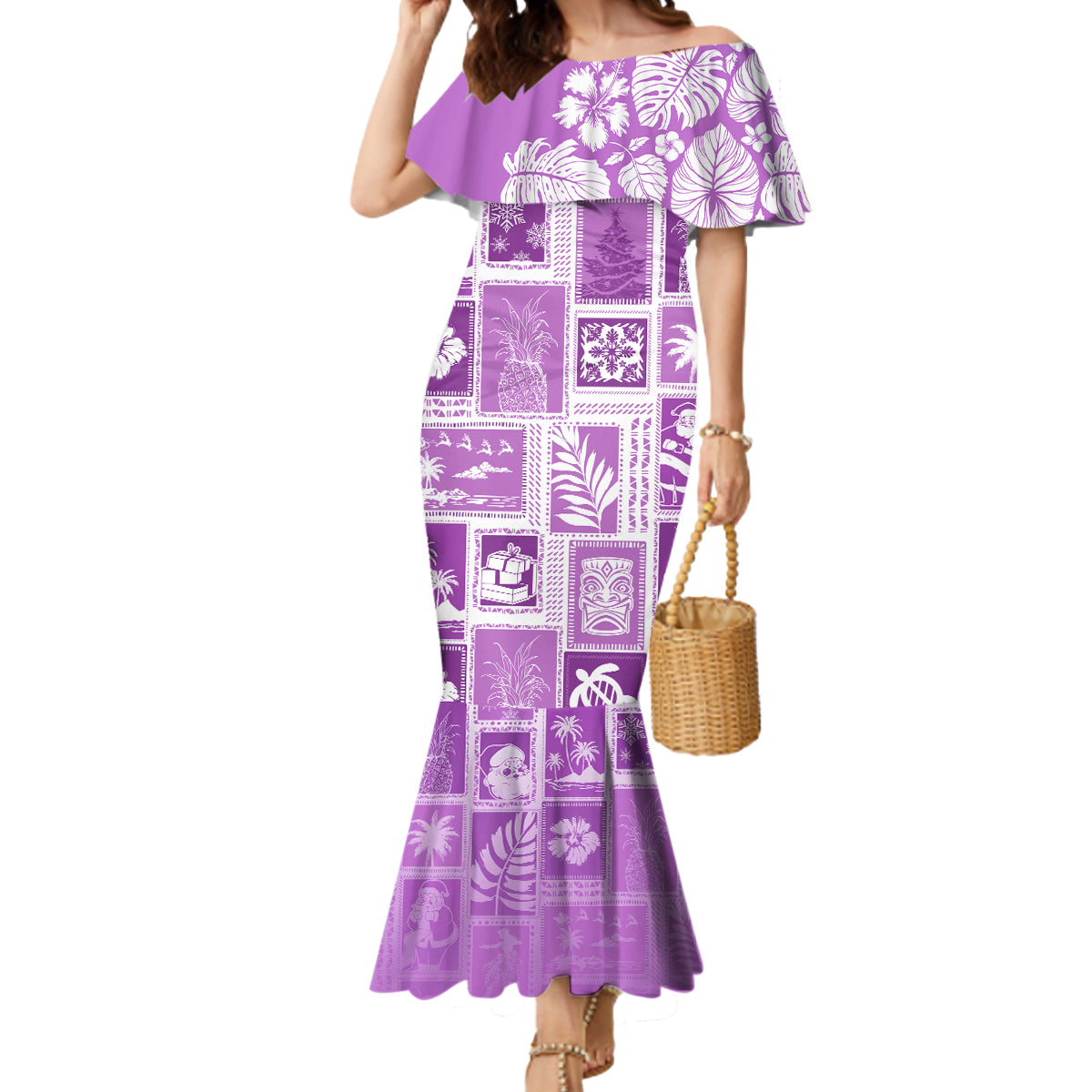 Hawaii Christmas Retro Patchwork Mermaid Dress Violet LT7 Women Violet - Polynesian Pride