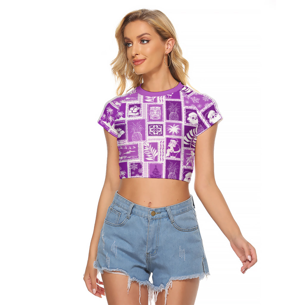 Hawaii Christmas Retro Patchwork Raglan Cropped T Shirt Violet LT7 Female Violet - Polynesian Pride