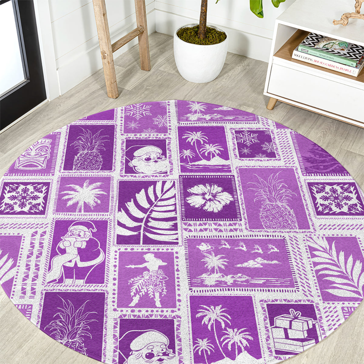 Hawaii Christmas Retro Patchwork Round Carpet Violet LT7 Violet - Polynesian Pride