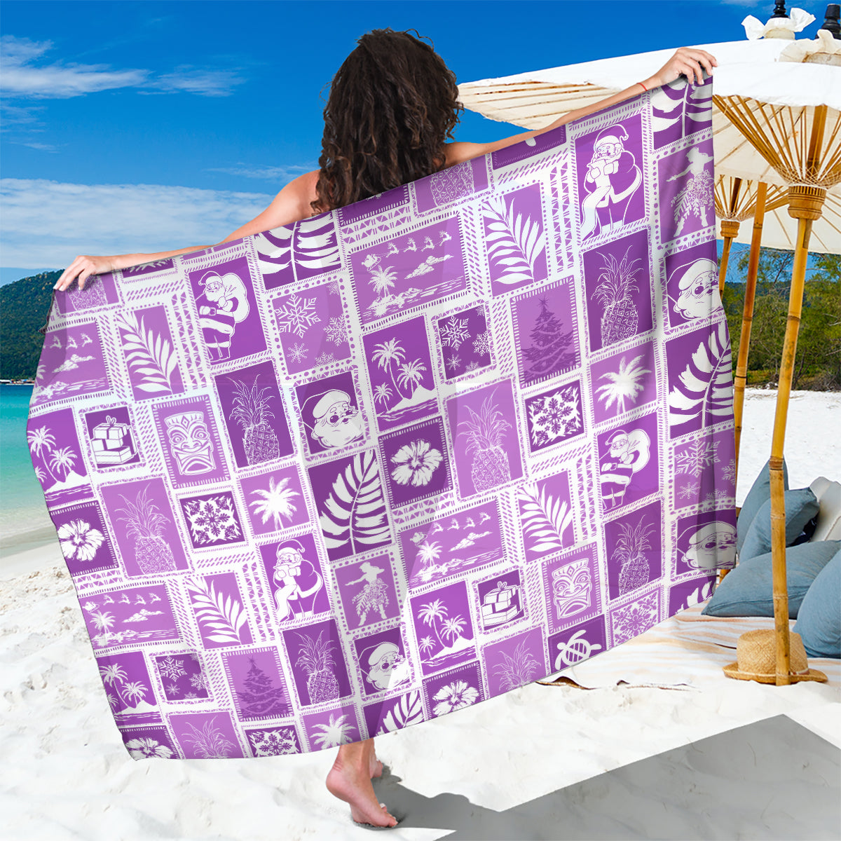 Hawaii Christmas Retro Patchwork Sarong Violet LT7 One Size 44 x 66 inches Violet - Polynesian Pride