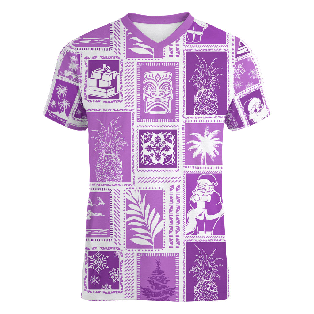 Hawaii Christmas Retro Patchwork Women V Neck T Shirt Violet LT7 Female Violet - Polynesian Pride