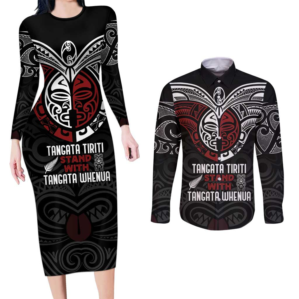 Maori Hongi Toitu Te Tiriti Couples Matching Long Sleeve Bodycon Dress and Long Sleeve Button Shirt Tangata Tiriti Stand With Tangata Whenua LT7 Black - Polynesian Pride