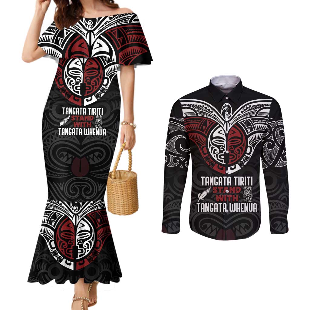 Maori Hongi Toitu Te Tiriti Couples Matching Mermaid Dress and Long Sleeve Button Shirt Tangata Tiriti Stand With Tangata Whenua LT7 Black - Polynesian Pride