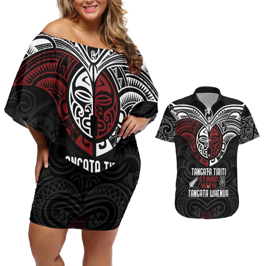 Maori Hongi Toitu Te Tiriti Couples Matching Off Shoulder Short Dress and Hawaiian Shirt Tangata Tiriti Stand With Tangata Whenua LT7 Black - Polynesian Pride