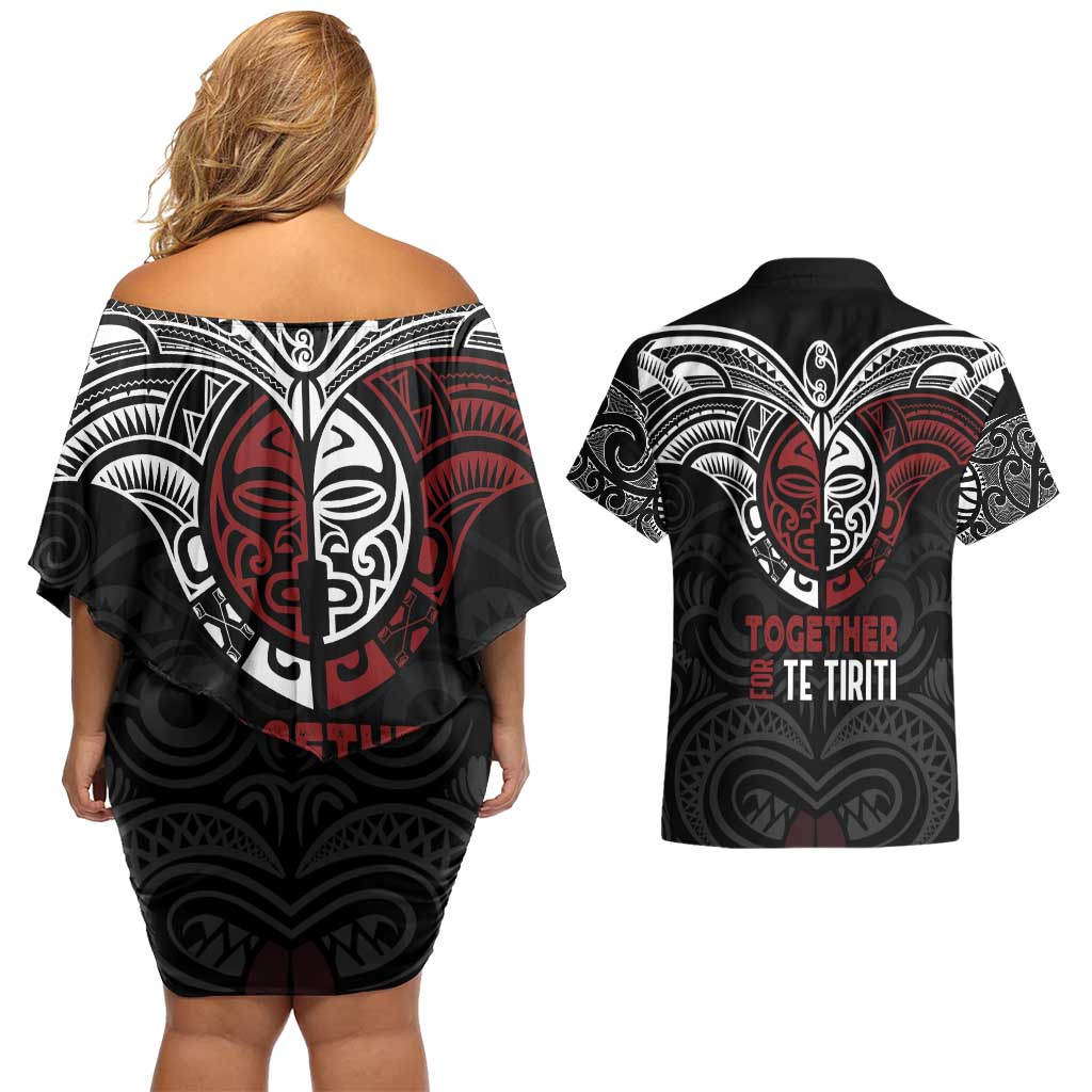 Maori Hongi Toitu Te Tiriti Couples Matching Off Shoulder Short Dress and Hawaiian Shirt Tangata Tiriti Stand With Tangata Whenua
