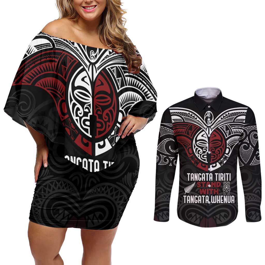 Maori Hongi Toitu Te Tiriti Couples Matching Off Shoulder Short Dress and Long Sleeve Button Shirt Tangata Tiriti Stand With Tangata Whenua LT7 Black - Polynesian Pride