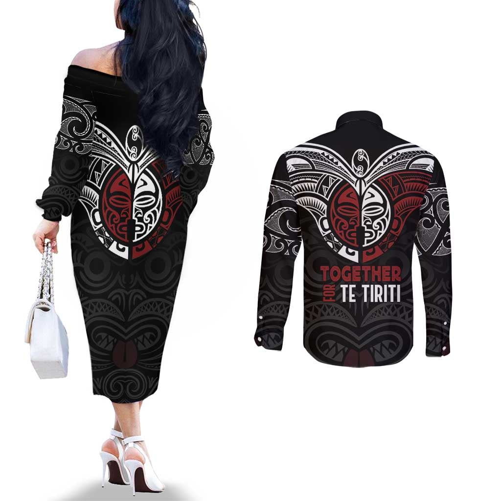 Maori Hongi Toitu Te Tiriti Couples Matching Off The Shoulder Long Sleeve Dress and Long Sleeve Button Shirt Tangata Tiriti Stand With Tangata Whenua