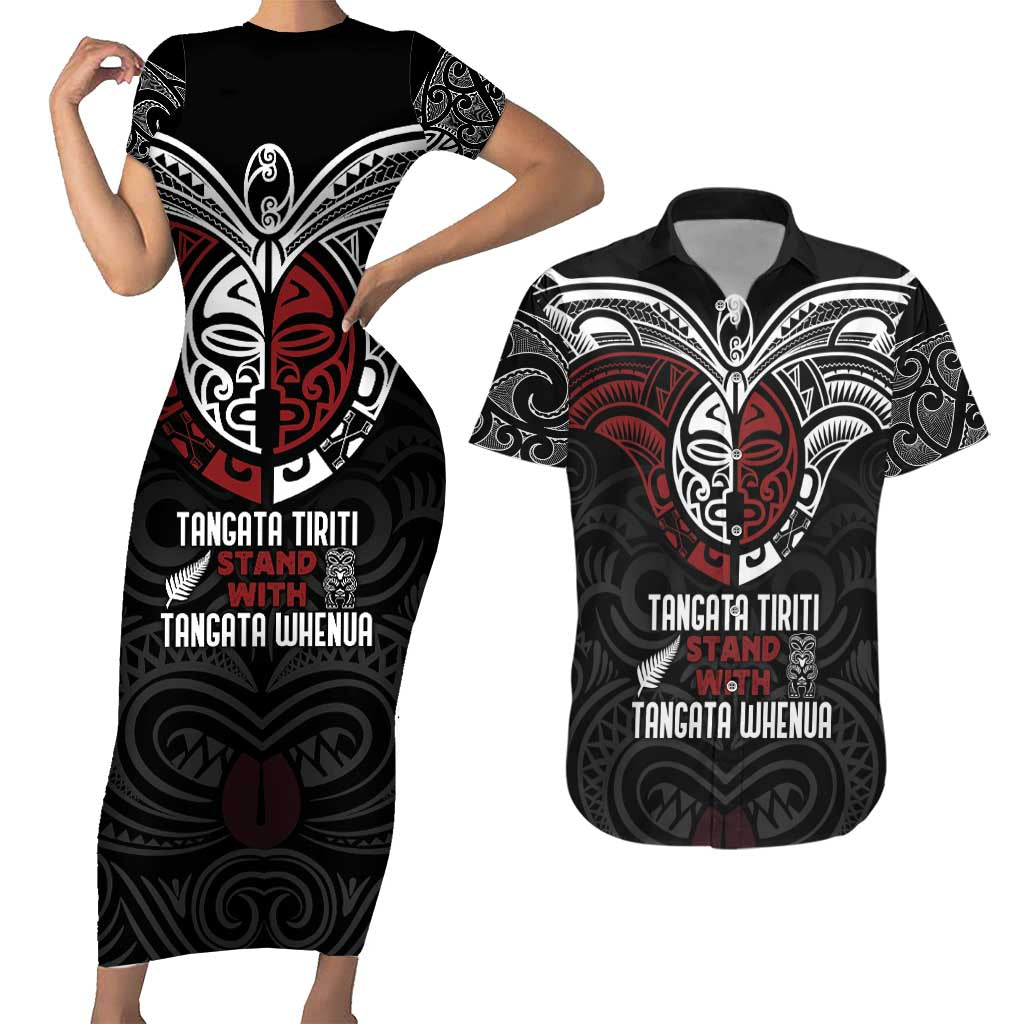 Maori Hongi Toitu Te Tiriti Couples Matching Short Sleeve Bodycon Dress and Hawaiian Shirt Tangata Tiriti Stand With Tangata Whenua LT7 Black - Polynesian Pride