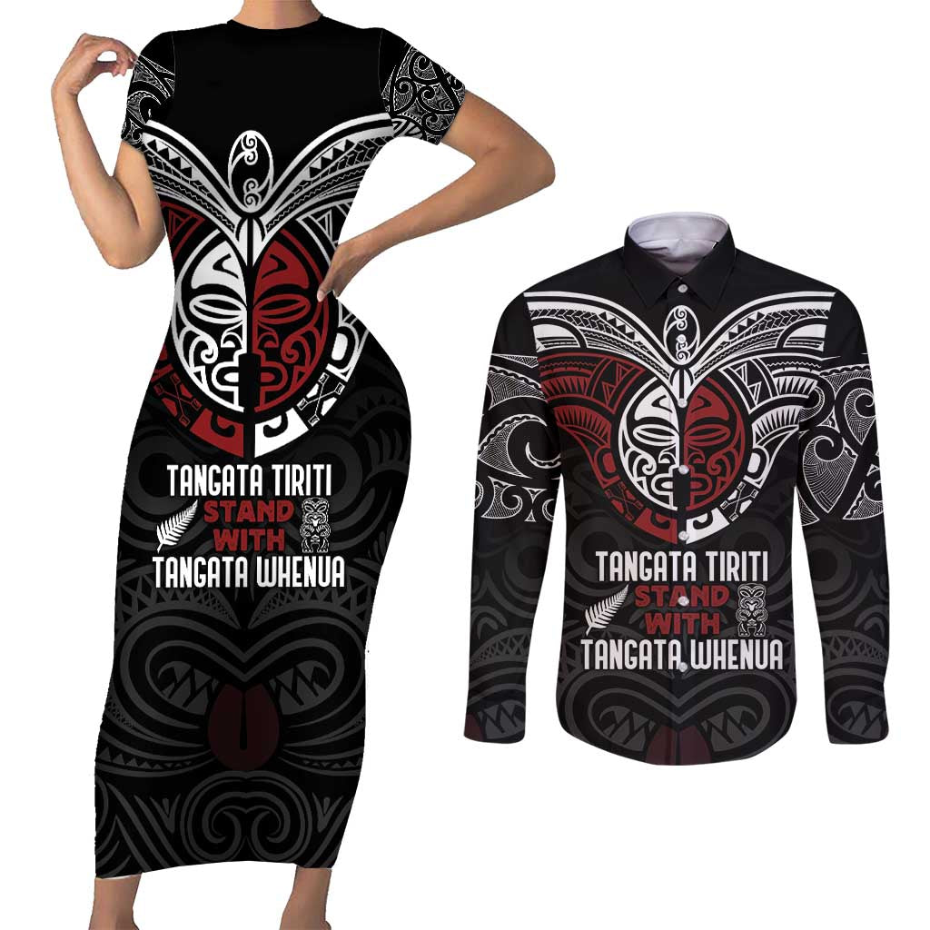 Maori Hongi Toitu Te Tiriti Couples Matching Short Sleeve Bodycon Dress and Long Sleeve Button Shirt Tangata Tiriti Stand With Tangata Whenua LT7 Black - Polynesian Pride