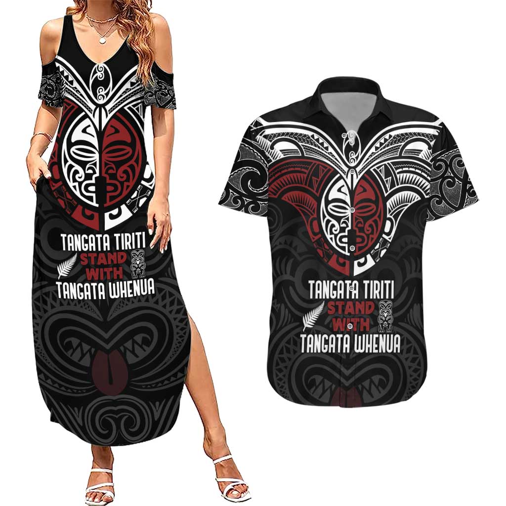 Maori Hongi Toitu Te Tiriti Couples Matching Summer Maxi Dress and Hawaiian Shirt Tangata Tiriti Stand With Tangata Whenua LT7 Black - Polynesian Pride