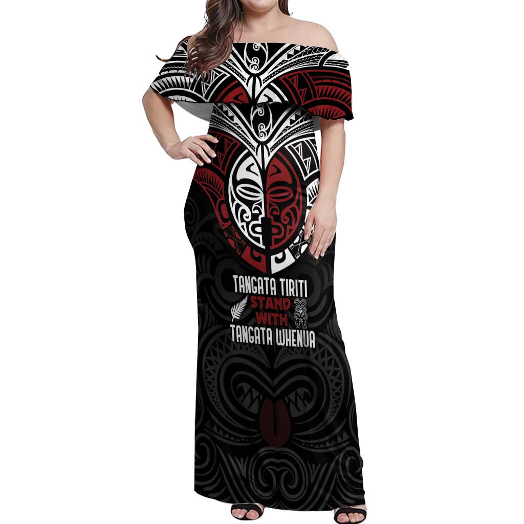 Maori Hongi Toitu Te Tiriti Off Shoulder Maxi Dress Tangata Tiriti Stand With Tangata Whenua LT7 Women Black - Polynesian Pride